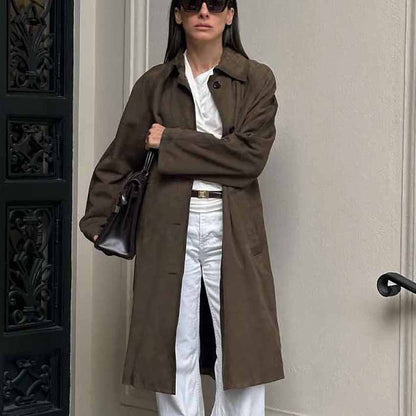 Women's Extra-Long Brown Button-Up Trench Coat