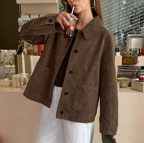 Women's Brown Suede-Look Button-Up Shacket