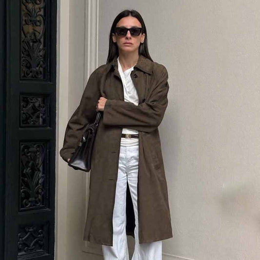 Women's Extra-Long Brown Button-Up Trench Coat