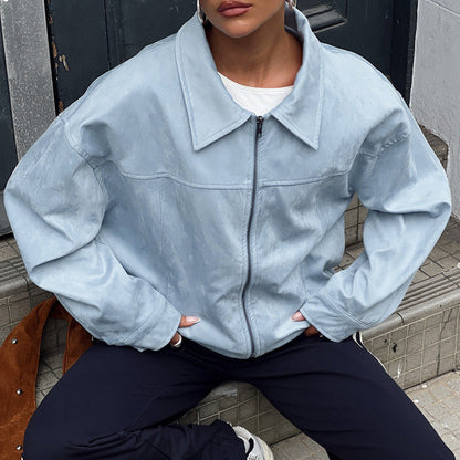 Women's Royal Blue Suede-Look Zip-Front Jacket