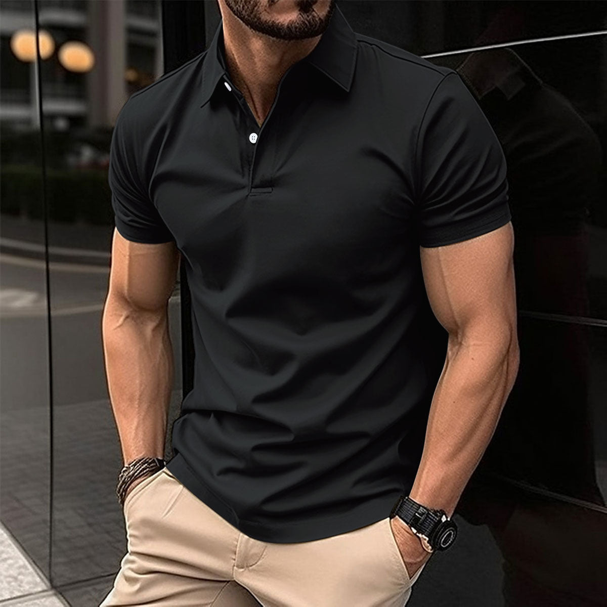 Men's Summer Short Sleeve Polo Shirt - Solid Color Button Lapel Top