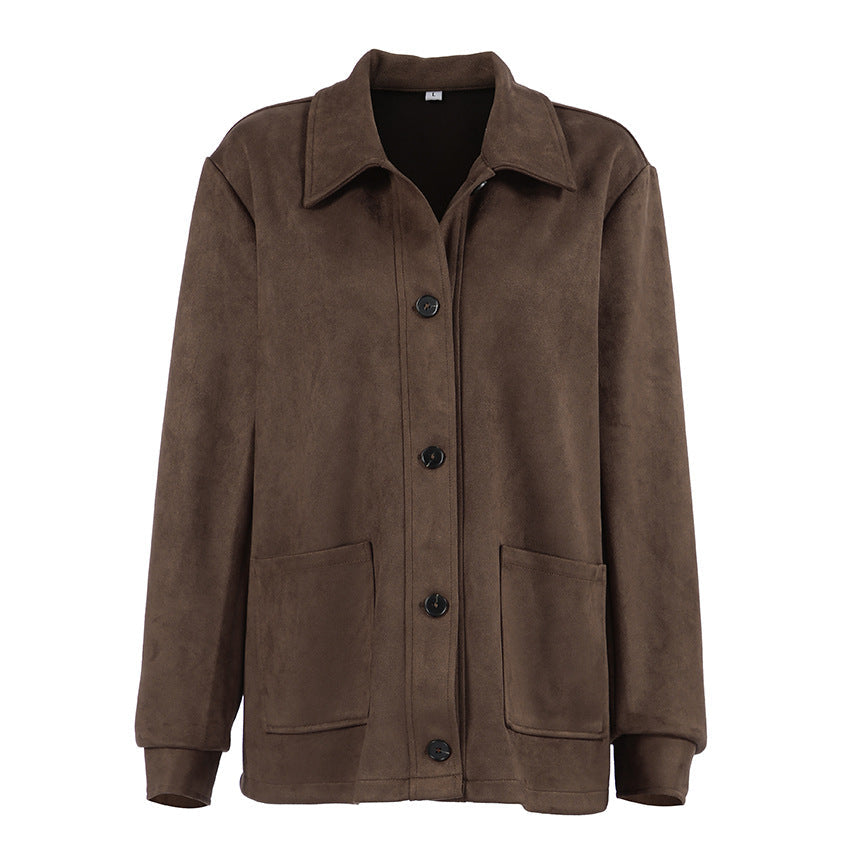 Women's Brown Suede-Look Button-Up Shacket