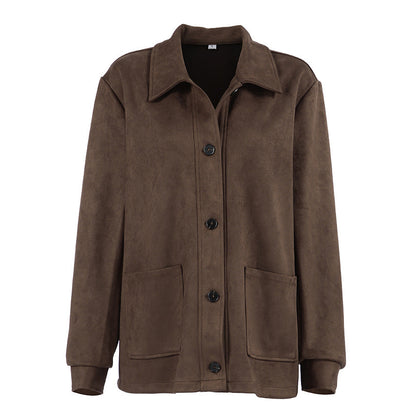 Women's Brown Suede-Look Button-Up Shacket