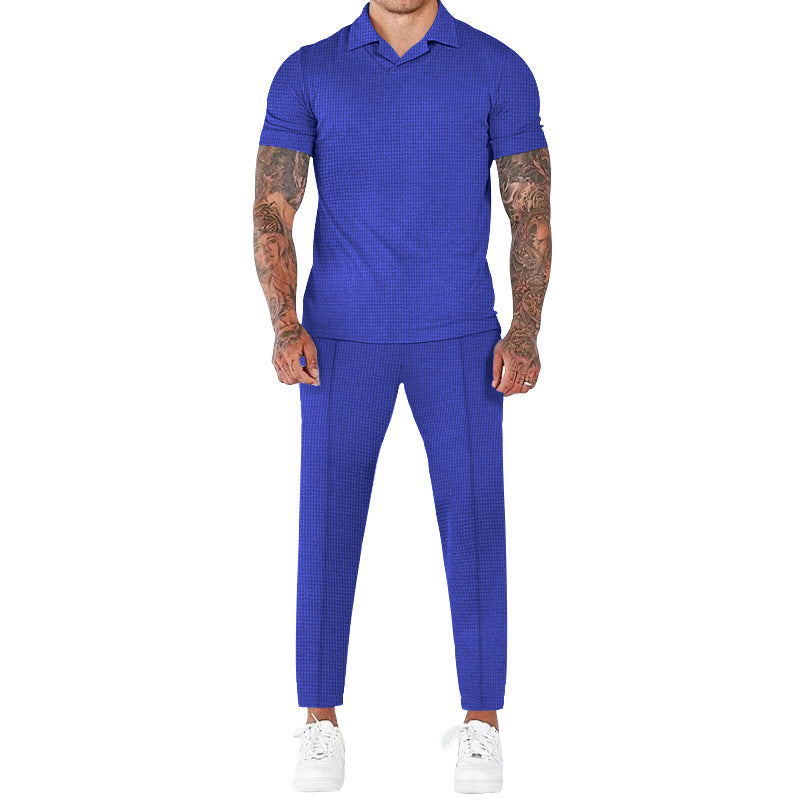 Men's Fashion Casual Waffle V-neck Polo Trouser Suit