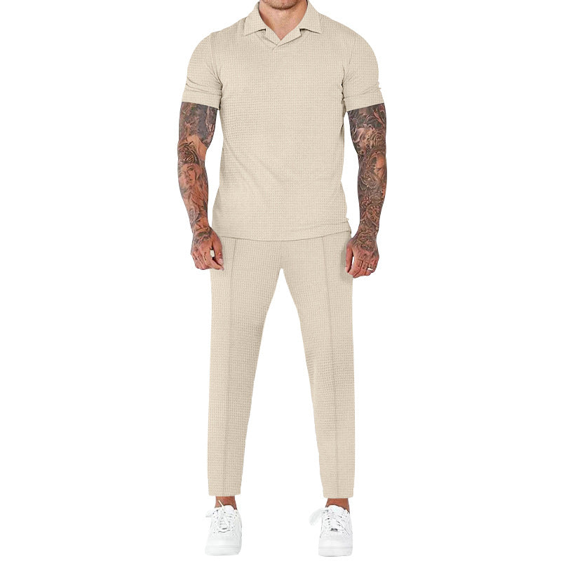 Men's Fashion Casual Waffle V-neck Polo Trouser Suit
