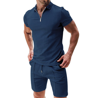 Men's 2-Piece Casual Waffle Suit - Summer Zipper Lapel Short-Sleeved Top and Drawstring Pocket Shorts Set