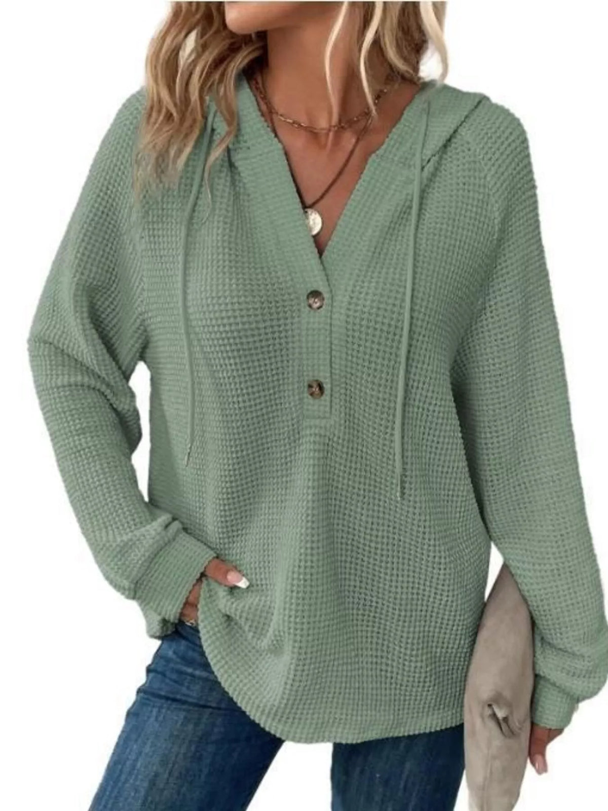 Women's Waffle Knit Button-Detail Hoodie