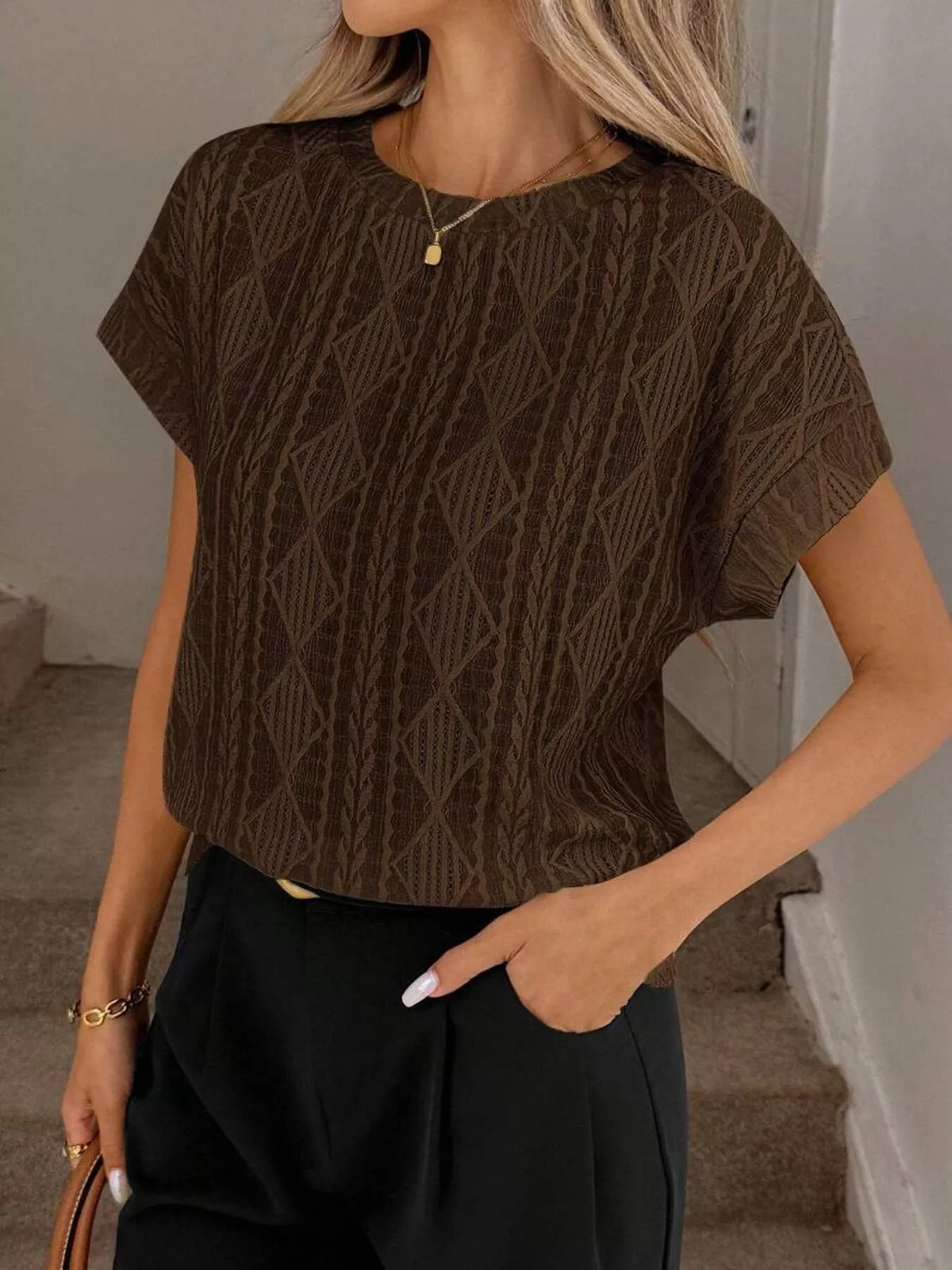 Women's Diamond-Pattern Round-Neck Top