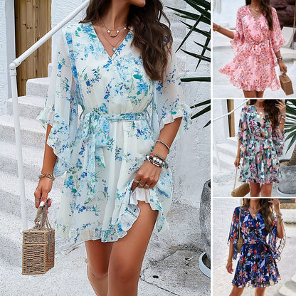 Women’s Summer Floral Print V-Neck Dress - Short Sleeves Lace-Up Ruffle Design