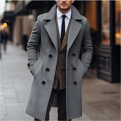 Men’s Double-Breasted Woolen Overcoat – Timeless Long Coat for Fall & Winter