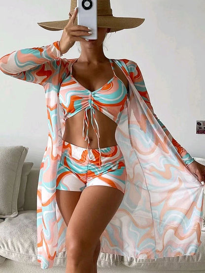 Women's 3-Piece Floral Bikini Set with Long Sleeve Cardigan - Beach Swimsuit