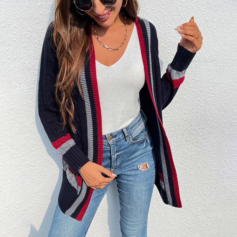 Women’s Mid-length Striped Pocket Knit Cardigan