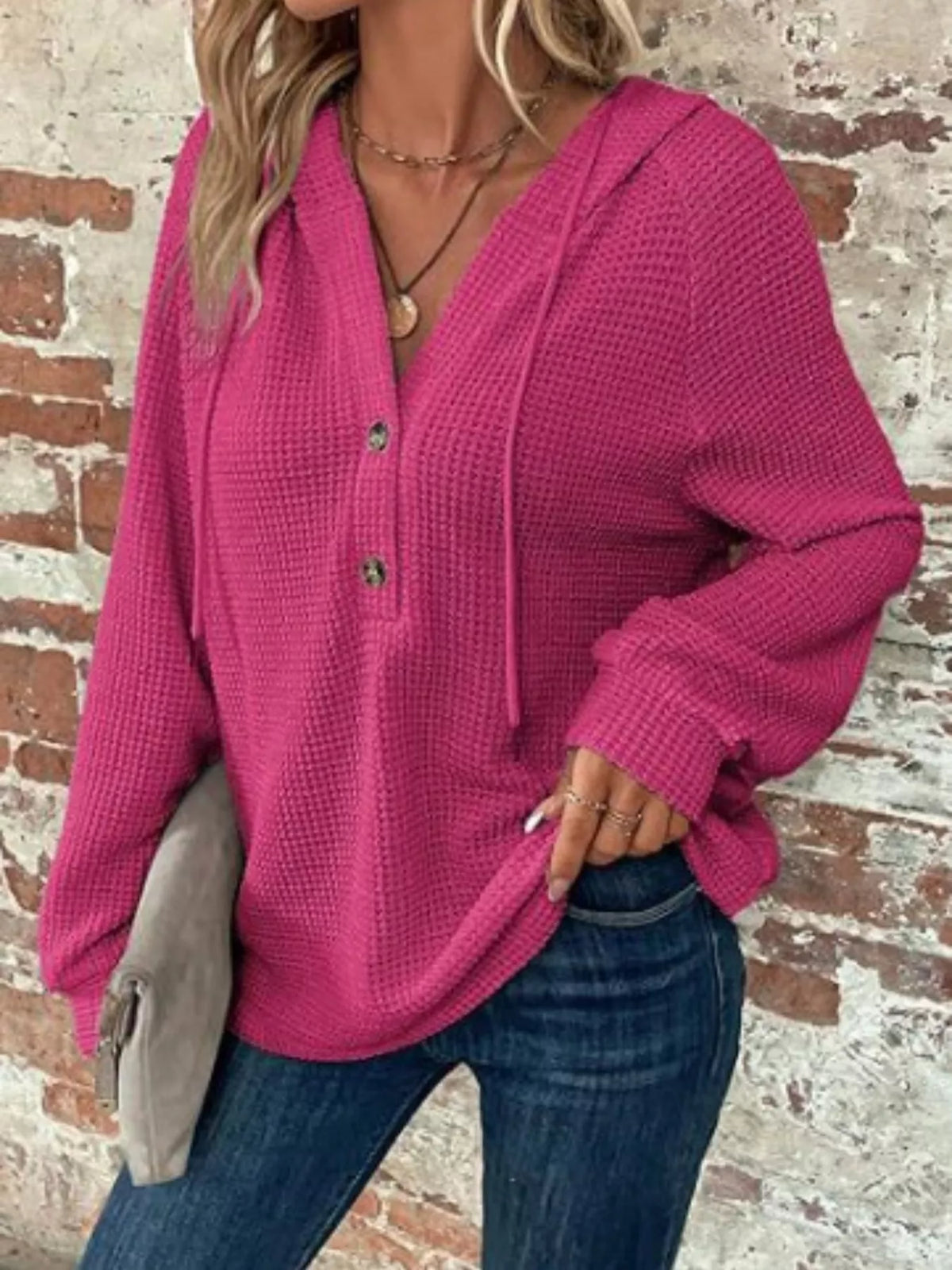 Women's Waffle Knit Button-Detail Hoodie