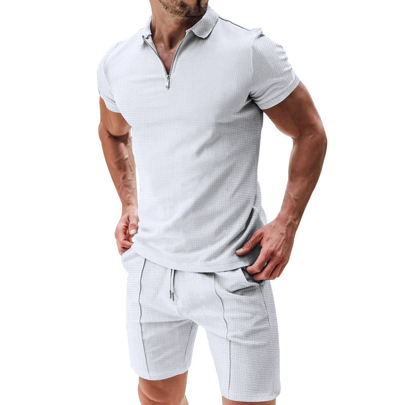 Men's 2-Piece Casual Waffle Suit - Summer Zipper Lapel Short-Sleeved Top and Drawstring Pocket Shorts Set