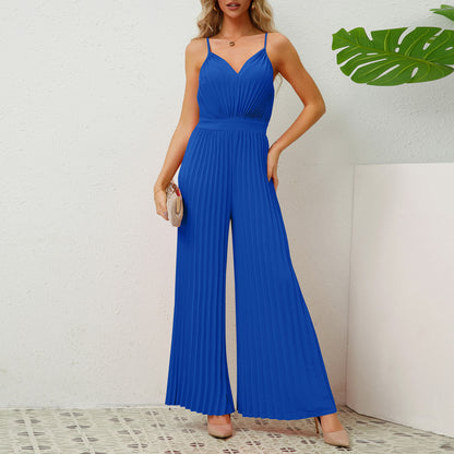 Women’s Pleated V-neck Suspender Jumpsuit with Loose Straight Pant