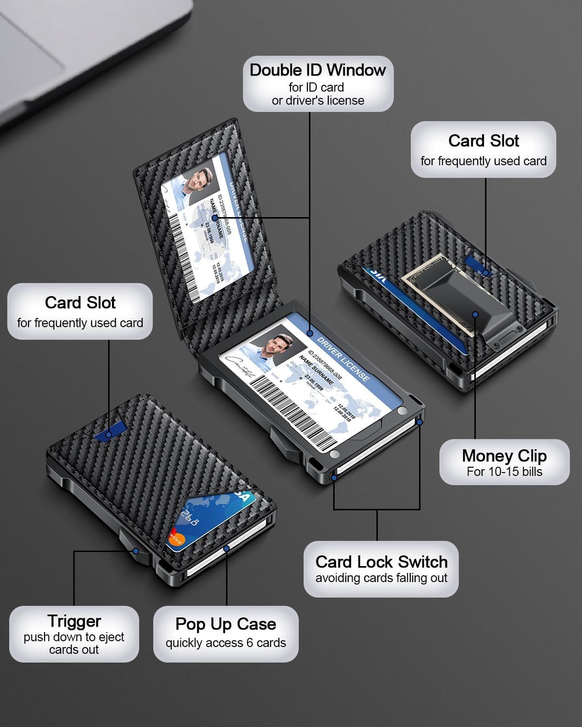 Wallet for Men RFID Wallet with 2 ID Windows & Money Clip, Slim Pop Up