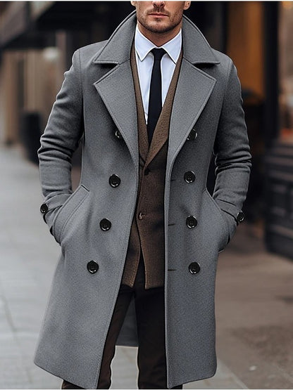 Men’s Double-Breasted Woolen Overcoat – Timeless Long Coat for Fall & Winter