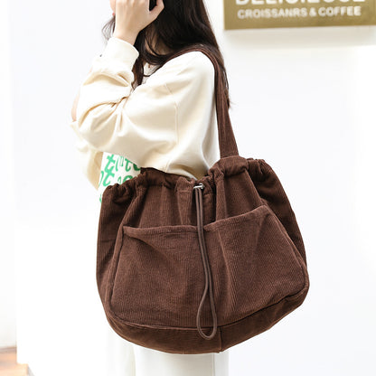 Ins Corduroy Shoulder Bags - Drawstring Multi-Pocket Handbag