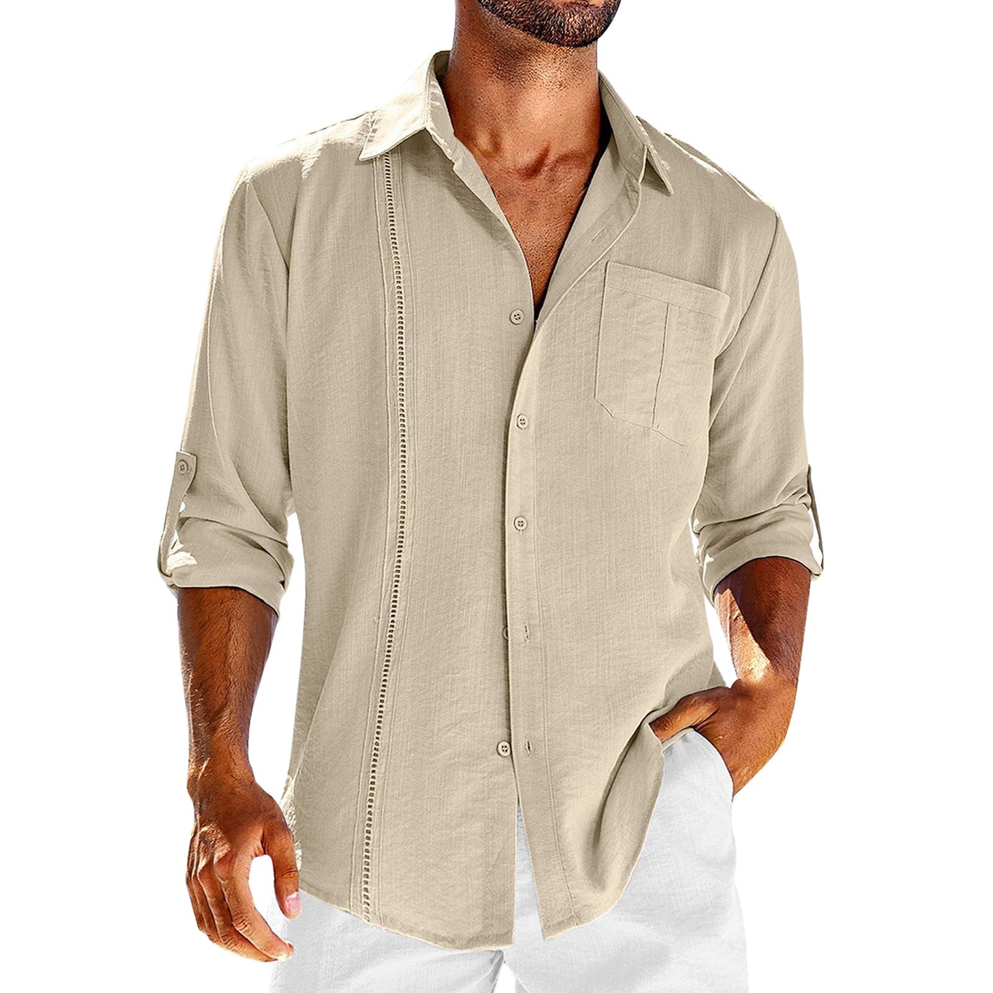 Men’s Casual Long Sleeve Shirt with Pocket - Lace Polo Collar Solid Color Button-Down