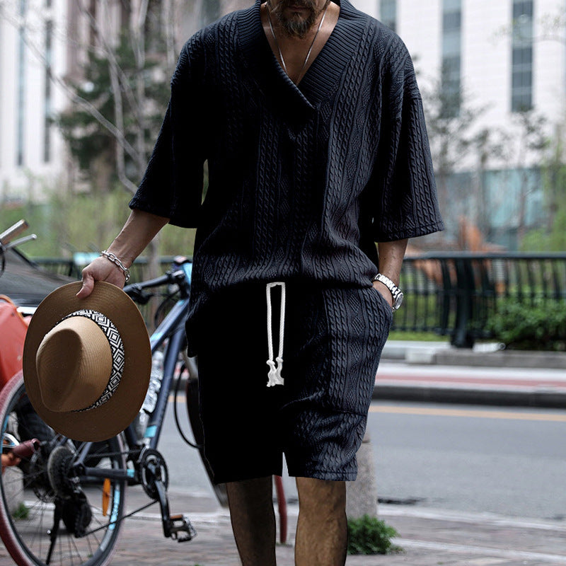 Men's Casual Jacquard Summer Suit - V-Neck Short-Sleeved T-Shirt and Drawstring Pocket Shorts 2-Piece Set - Travel Happy 