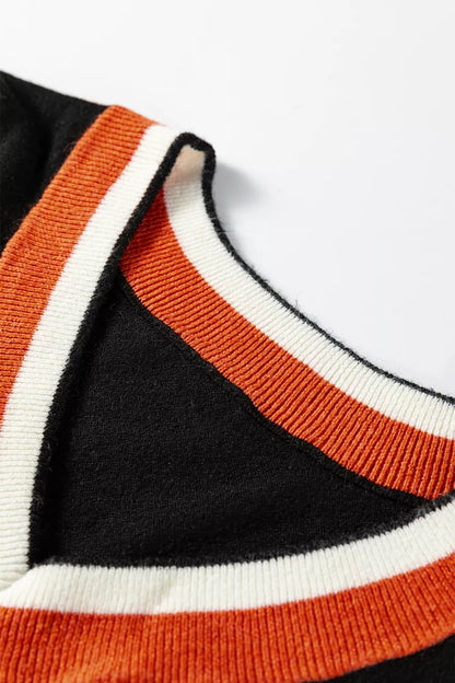 Women's V-Neck Varsity Sweater with Striped Trim