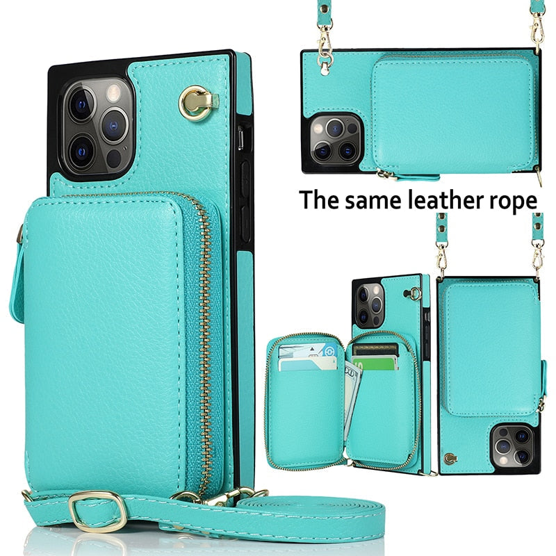 iPhone Zipper Wallet Case with Crossbody Strap – 6 Card Slots