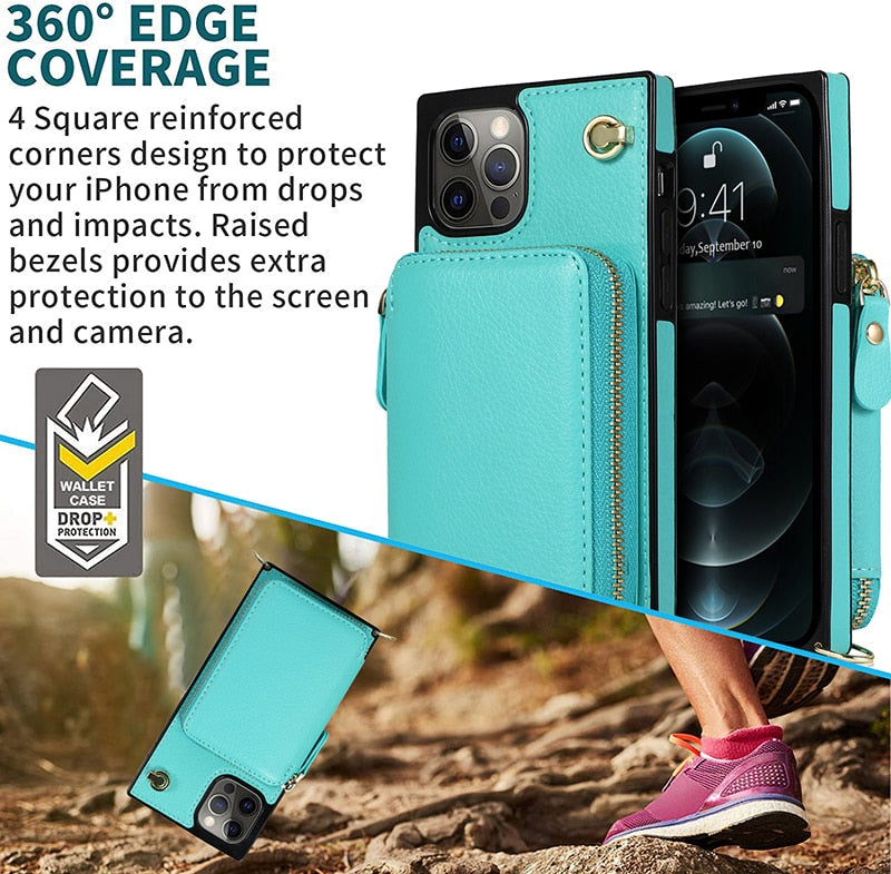 iPhone Zipper Wallet Case with Crossbody Strap – 6 Card Slots