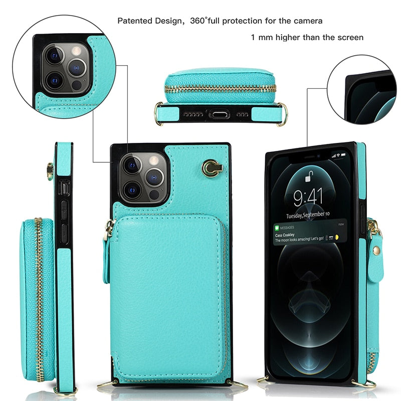 iPhone Zipper Wallet Case with Crossbody Strap – 6 Card Slots