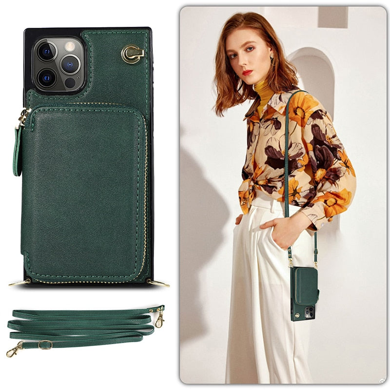 iPhone Zipper Wallet Case with Crossbody Strap – 6 Card Slots