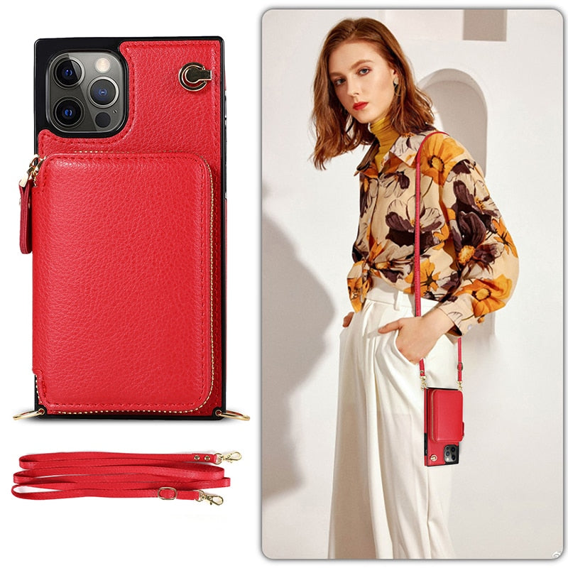 iPhone Zipper Wallet Case with Crossbody Strap – 6 Card Slots