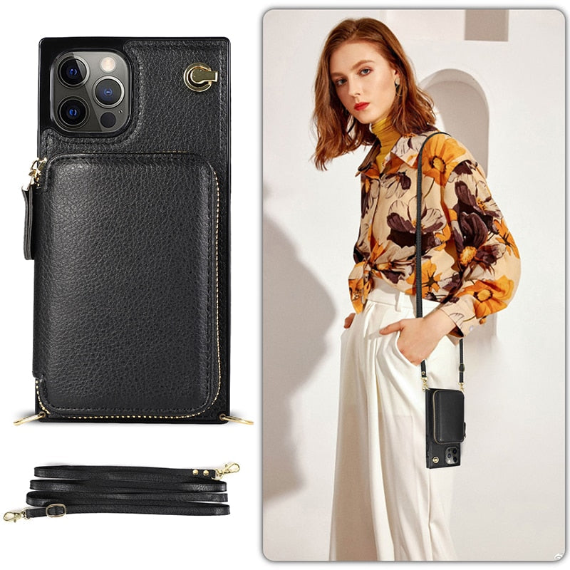 iPhone Zipper Wallet Case with Crossbody Strap – 6 Card Slots